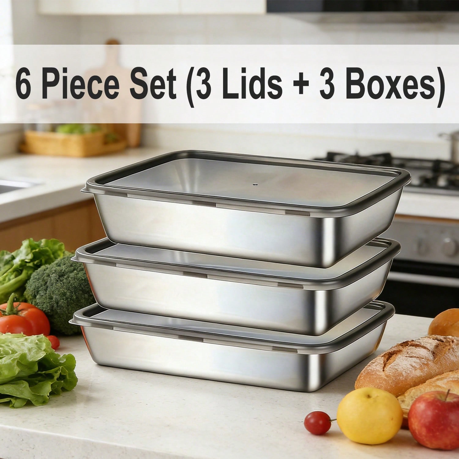 6pcs(3 Boxes+ 3 Lids) Stainles - Food Storage Stackable Containers 评论和价格