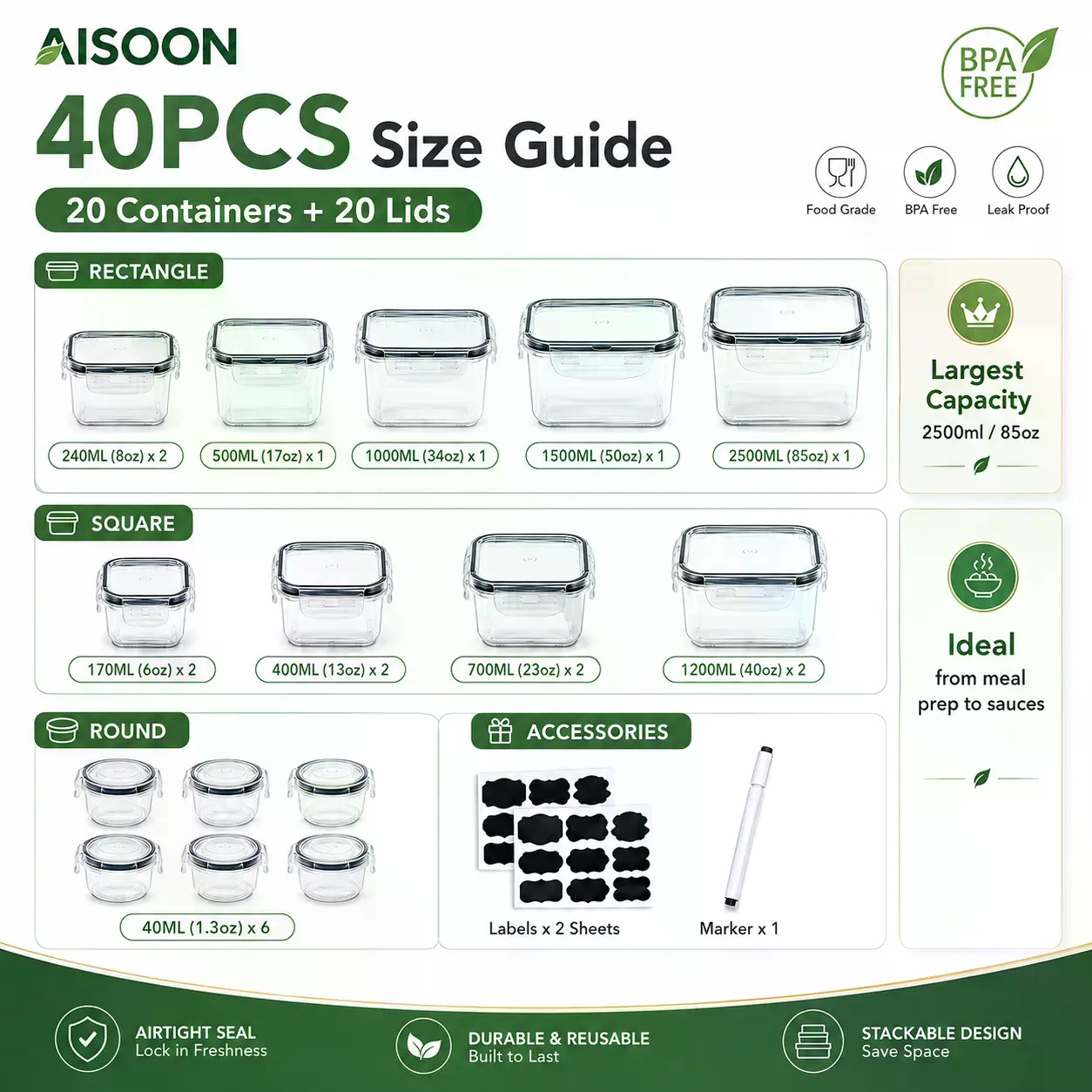 40 PCS Extra Large 85oz Silico - Food Storage Freezer Containers 评论和价格